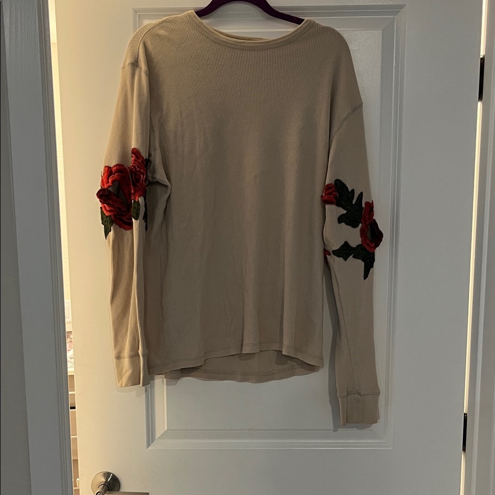 Elegant Beige Sweatshirt with Red Floral Accents
